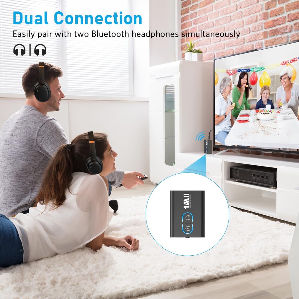 1Mii Bluetooth 5.3 Transmitter Receiver for TV to Wireless Headphones, Dual Link AptX Adaptive/Low Latency/HD Audio, Aux Bluetooth Audio Receiver Adapter for Home Stereo, Airplane,