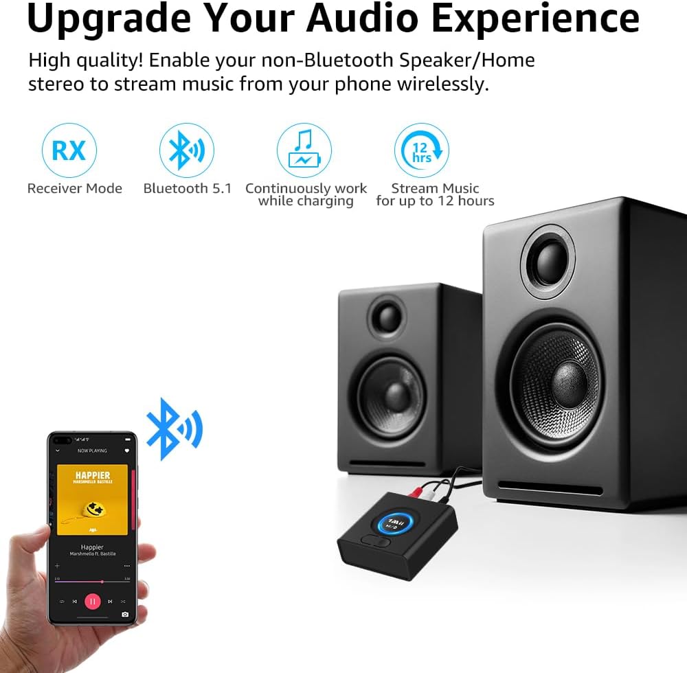 1Mii Bluetooth Audio Adapter, Low Latency Wireless Bluetooth 5.1 Audio Receiver with 3.5 mm RCA for Home Stereo Music Streaming System, Bass Mode, 12hrs Playtime thumbnail 2