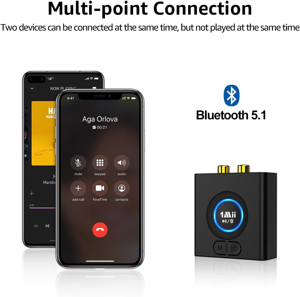 1Mii Bluetooth Audio Adapter, Low Latency Wireless Bluetooth 5.1 Audio Receiver with 3.5 mm RCA for Home Stereo Music Streaming System, Bass Mode, 12hrs Playtime thumbnail 4
