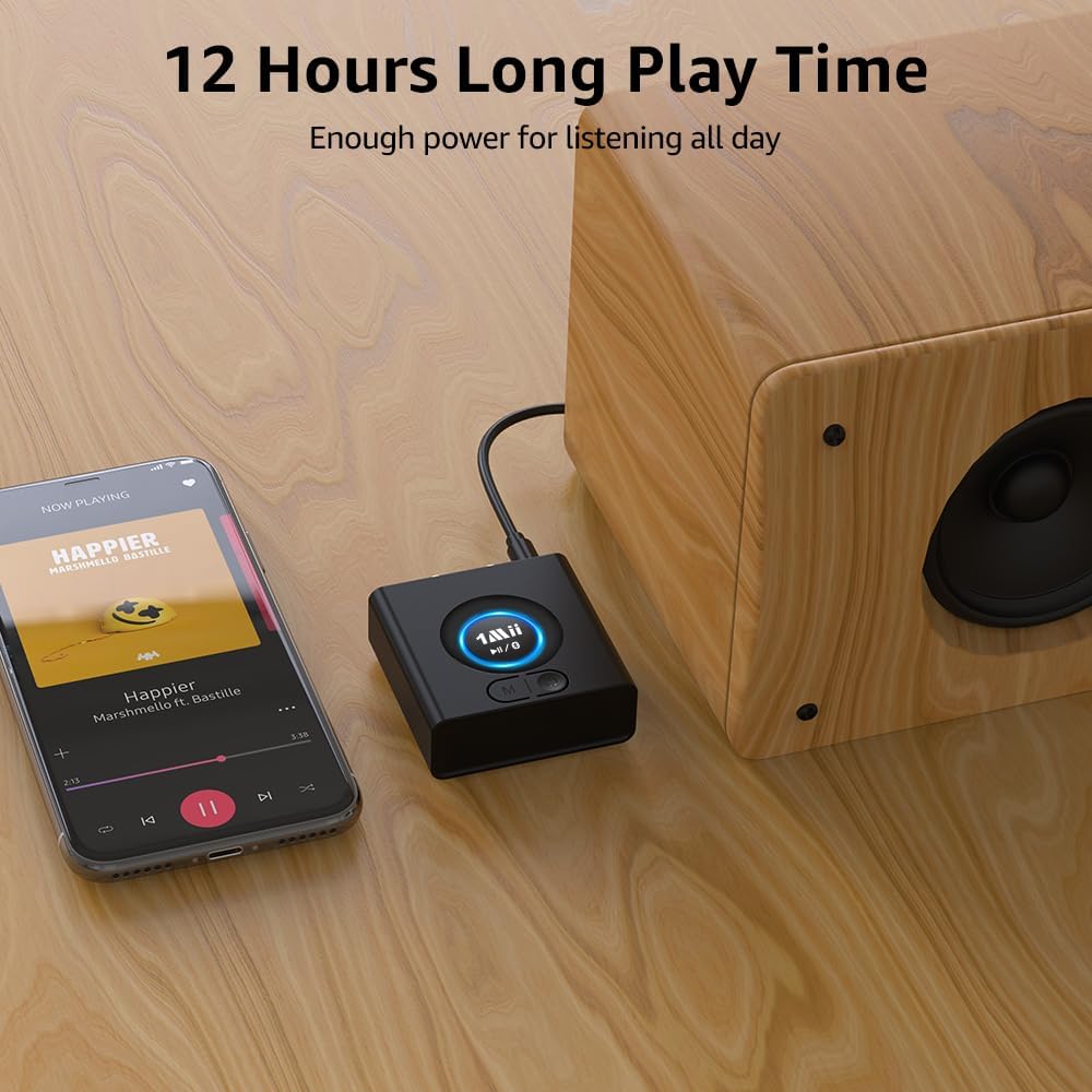 1Mii Bluetooth Audio Adapter, Low Latency Wireless Bluetooth 5.1 Audio Receiver with 3.5 mm RCA for Home Stereo Music Streaming System, Bass Mode, 12hrs Playtime thumbnail 5