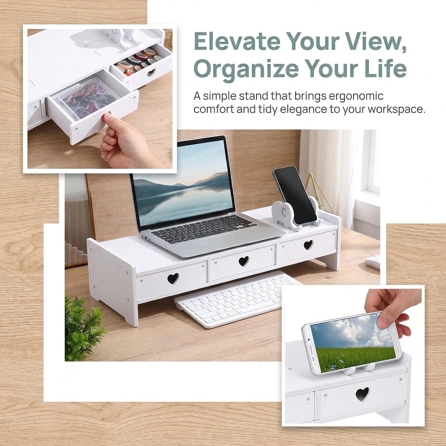 Desktop Monitor Riser Stand with Drawers and Storage Organizer