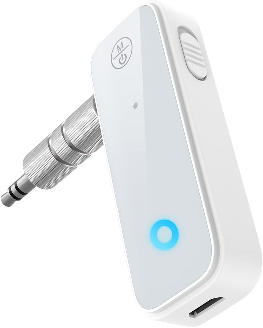 Newest Mini Aux Bluetooth Adapter, Bluetooth 5.3 Receiver, 2 in 1 Bluetooth Transmitter & Receiver for Car, Suitable for Cars, Speakers, Stereo Systems and Headphones, White