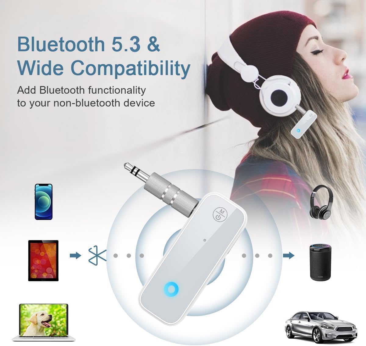Newest Mini Aux Bluetooth Adapter, Bluetooth 5.3 Receiver, 2 in 1 Bluetooth Transmitter & Receiver for Car, Suitable for Cars, Speakers, Stereo Systems and Headphones, White