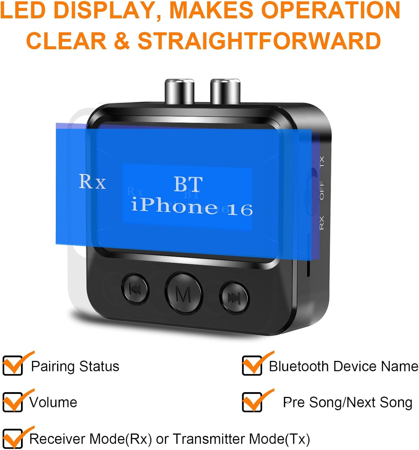 Bluetooth Receiver for Speaker - Bluetooth 5.0 Audio Receiver with Display, Wireless Audio Adapter for Home Stereo/Headphones/Speakers/Home Theater/TV/PC/Car, with TF Card/RCA/3.5m thumbnail 3