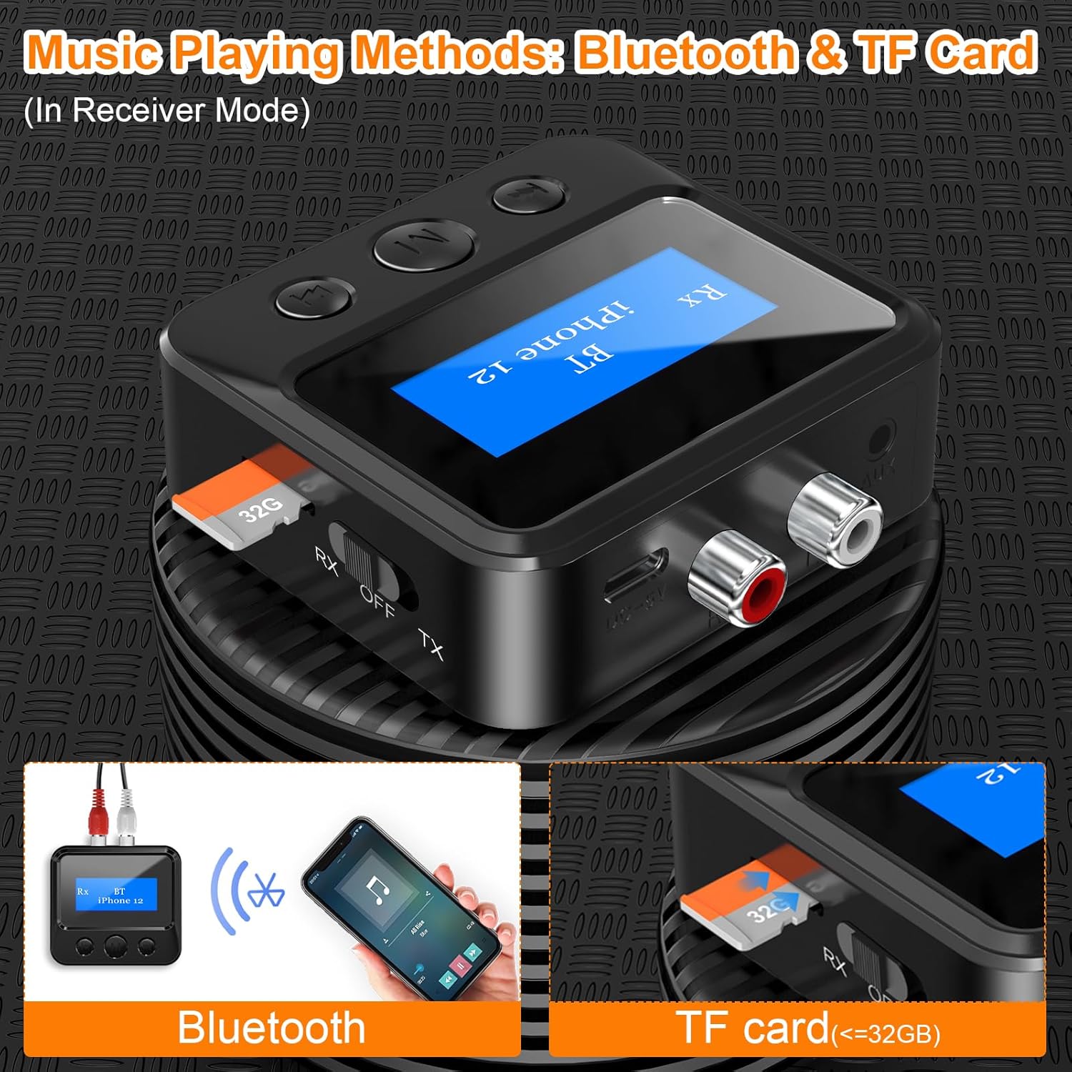 Bluetooth Receiver for Speaker - Bluetooth 5.0 Audio Receiver with Display, Wireless Audio Adapter for Home Stereo/Headphones/Speakers/Home Theater/TV/PC/Car, with TF Card/RCA/3.5m thumbnail 4