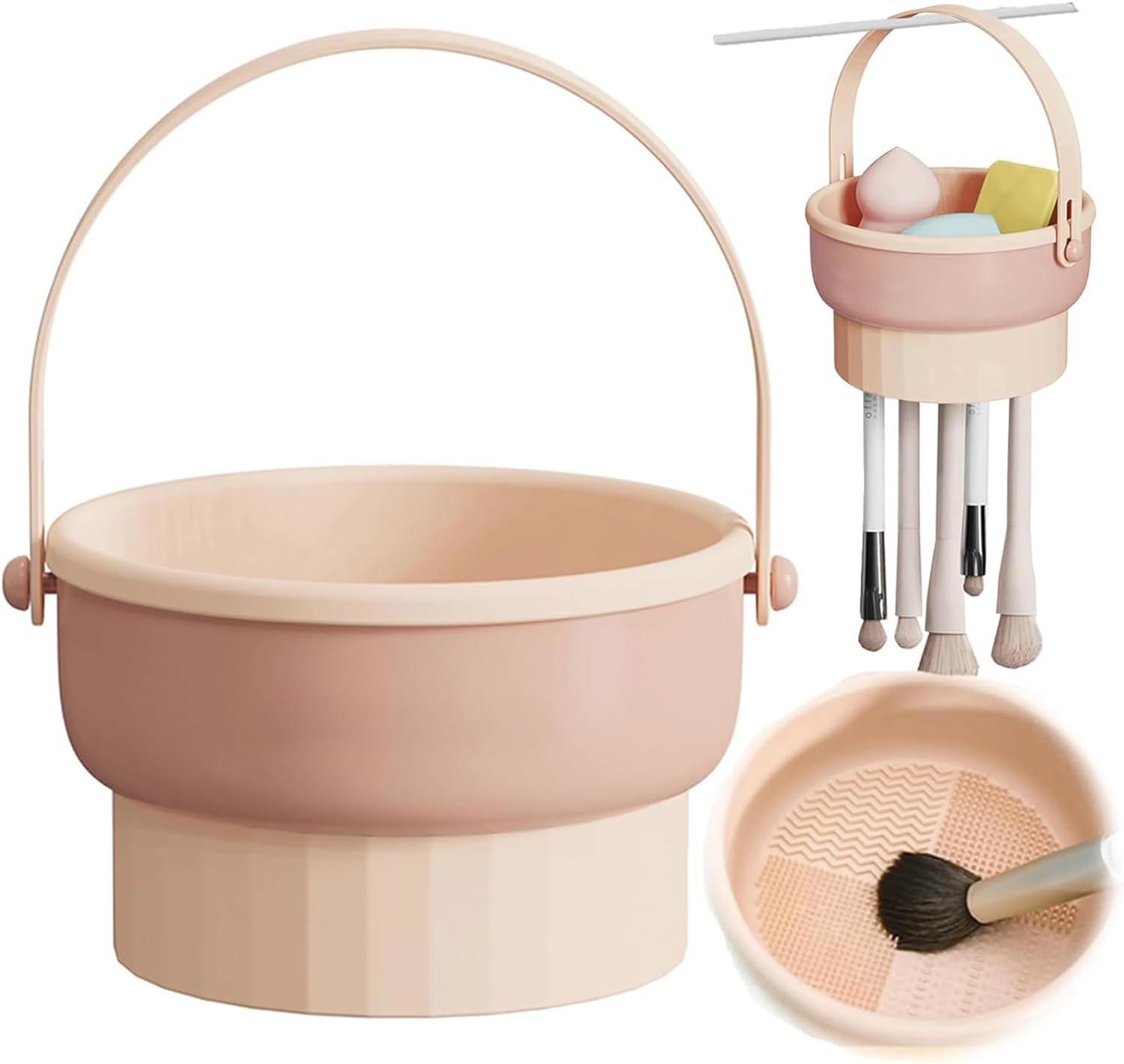 Baoswi Makeup Brush Cleaner Mat 3 in 1 Silicone Makeup Brush Cleaner Bowl with Brush Drying Holder Cosmetic Brushes Cleaning Tool Organizer for Storage & Air Dry (Khaki)