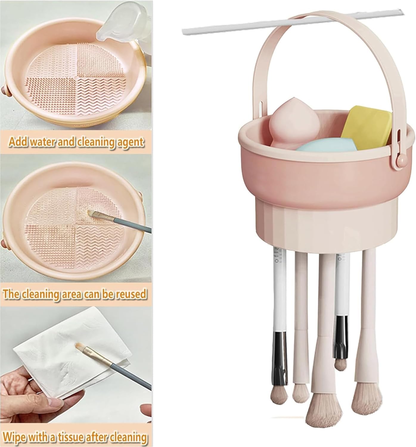 Baoswi Makeup Brush Cleaner Mat 3 in 1 Silicone Makeup Brush Cleaner Bowl with Brush Drying Holder Cosmetic Brushes Cleaning Tool Organizer for Storage & Air Dry (Khaki)