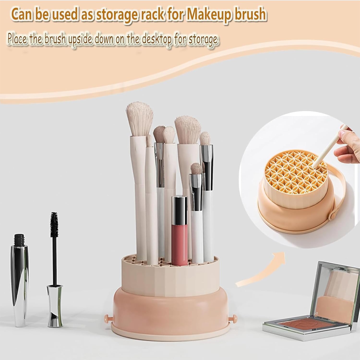 Baoswi Makeup Brush Cleaner Mat 3 in 1 Silicone Makeup Brush Cleaner Bowl with Brush Drying Holder Cosmetic Brushes Cleaning Tool Organizer for Storage & Air Dry (Khaki)