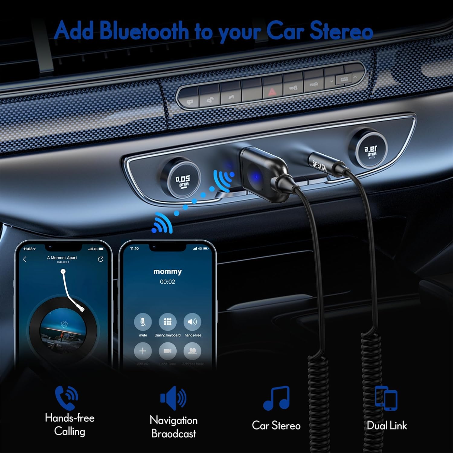 BESIGN BK07 Bluetooth Car Kit, Wireless Receiver for Handsfree Talking and Music Streaming, Bluetooth Aux Adapter for Car and Home Audio