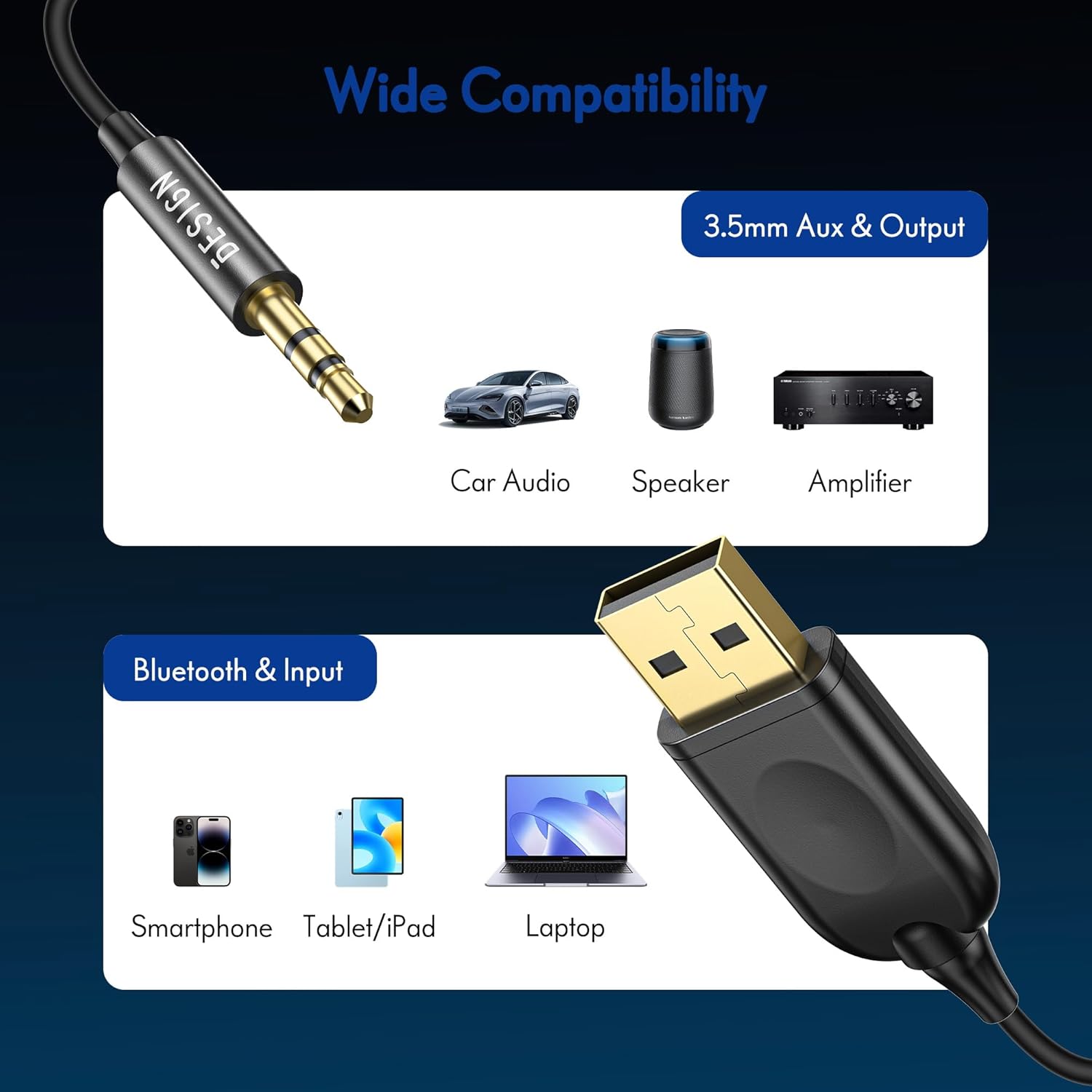 BESIGN BK07 Bluetooth Car Kit, Wireless Receiver for Handsfree Talking and Music Streaming, Bluetooth Aux Adapter for Car and Home Audio