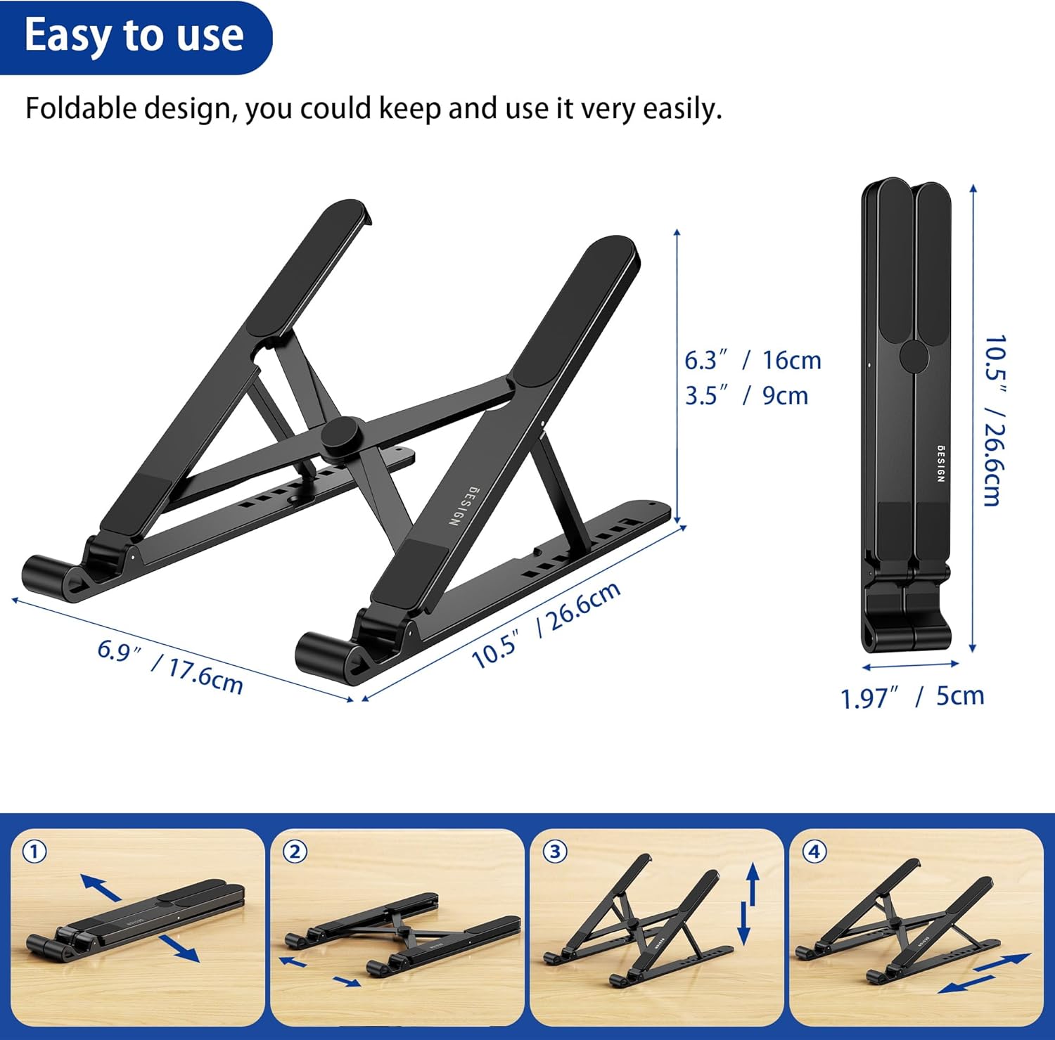 Besign LS01 Pro Ergonomic Laptop Stand for Desk, Portable and Adjustable Computer Holder, Ventilated Cooling Pad Notebook Riser Compatible with 10-15.6" Laptops (Black) thumbnail 5