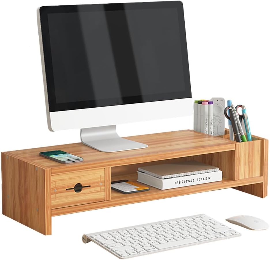 2 Tier Computer Monitor Riser with Drawer and Pen Holder, Ergonomic Laptop Stand, Desktop Shelf for Laptop, TV Screen, PC Monitor (Cherry Wood)
