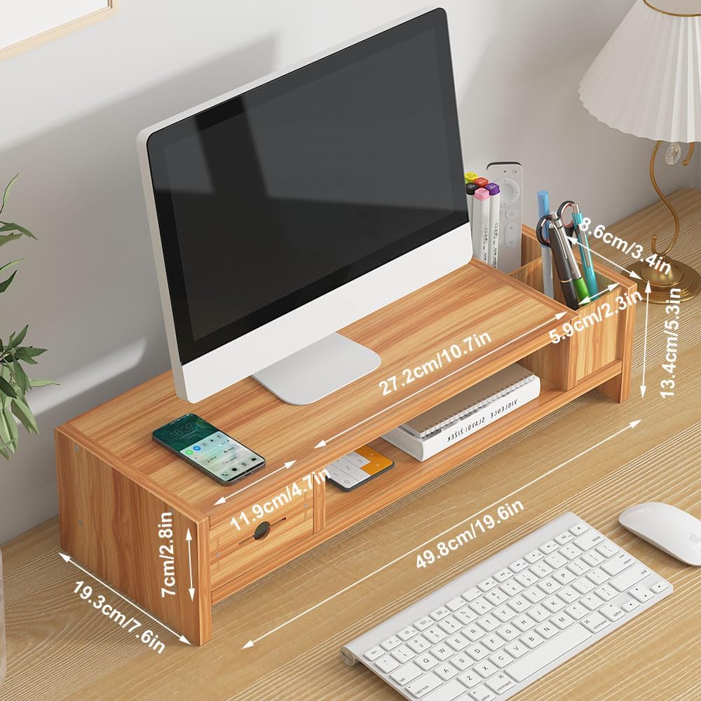 2 Tier Computer Monitor Riser with Drawer and Pen Holder, Ergonomic Laptop Stand, Desktop Shelf for Laptop, TV Screen, PC Monitor (Cherry Wood)