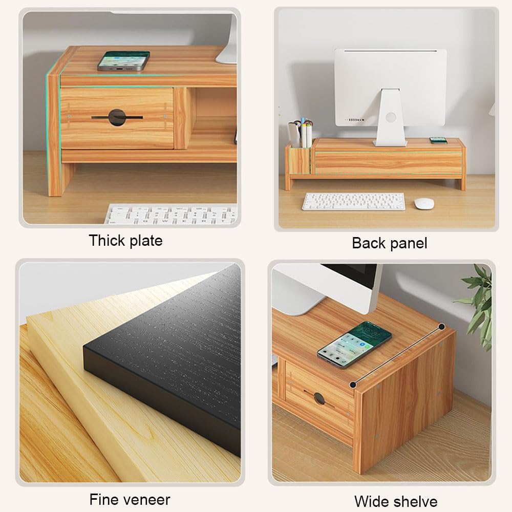 2 Tier Computer Monitor Riser with Drawer and Pen Holder, Ergonomic Laptop Stand, Desktop Shelf for Laptop, TV Screen, PC Monitor (Cherry Wood)
