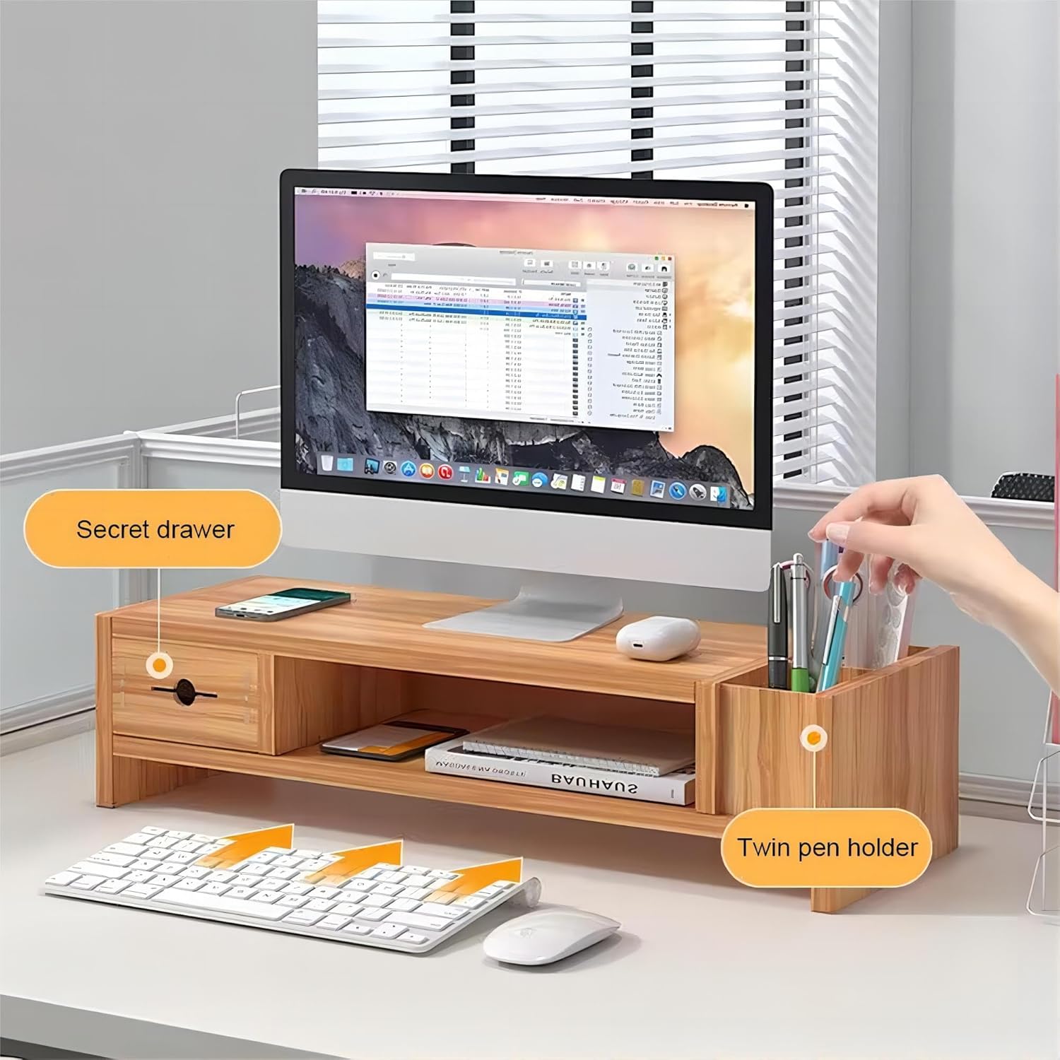 2 Tier Computer Monitor Riser with Drawer and Pen Holder, Ergonomic Laptop Stand, Desktop Shelf for Laptop, TV Screen, PC Monitor (Cherry Wood)
