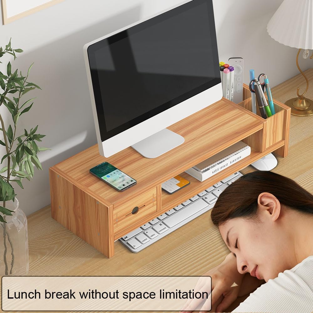 2 Tier Computer Monitor Riser with Drawer and Pen Holder, Ergonomic Laptop Stand, Desktop Shelf for Laptop, TV Screen, PC Monitor (Cherry Wood)
