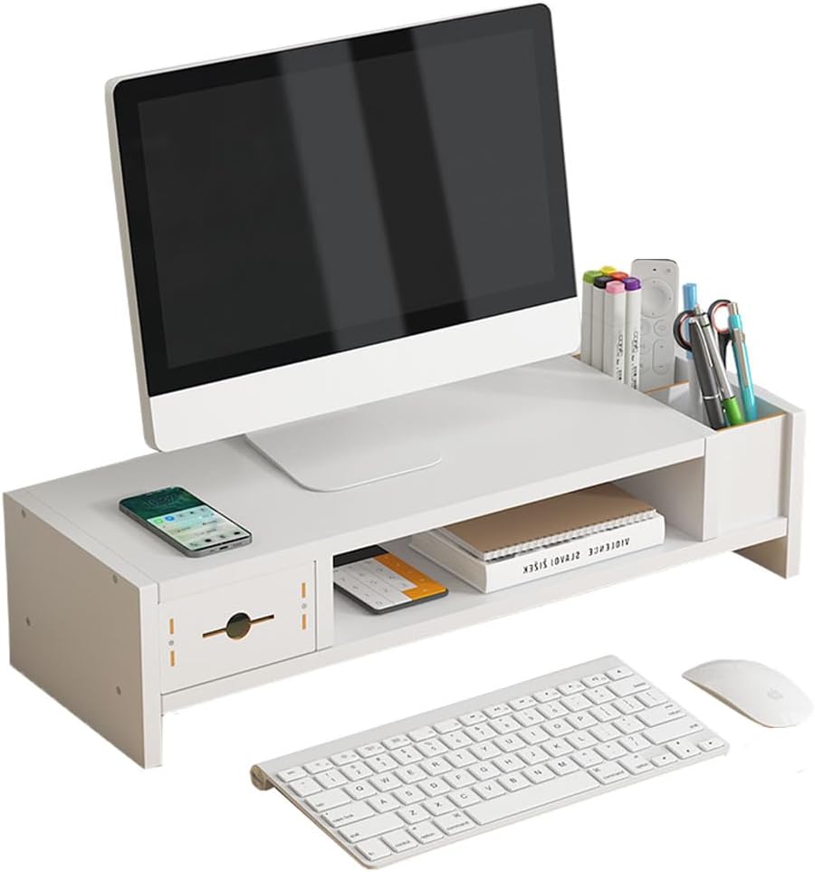 Monitor Stand, 2 Tier Computer Monitor Riser with Drawer and Pen Holder, Ergonomic Laptop Stand, Desktop Shelf for Laptop, TV Screen, PC Monitor (White)