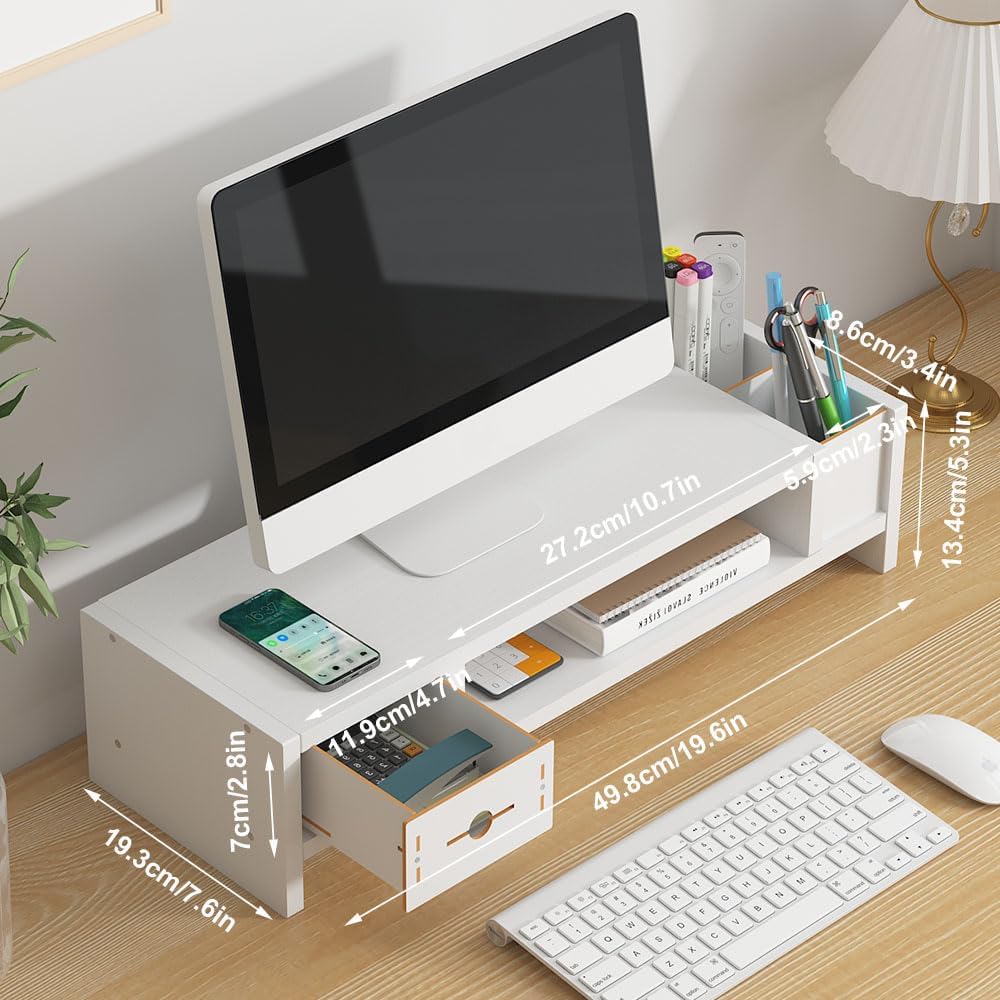 Monitor Stand, 2 Tier Computer Monitor Riser with Drawer and Pen Holder, Ergonomic Laptop Stand, Desktop Shelf for Laptop, TV Screen, PC Monitor (White)