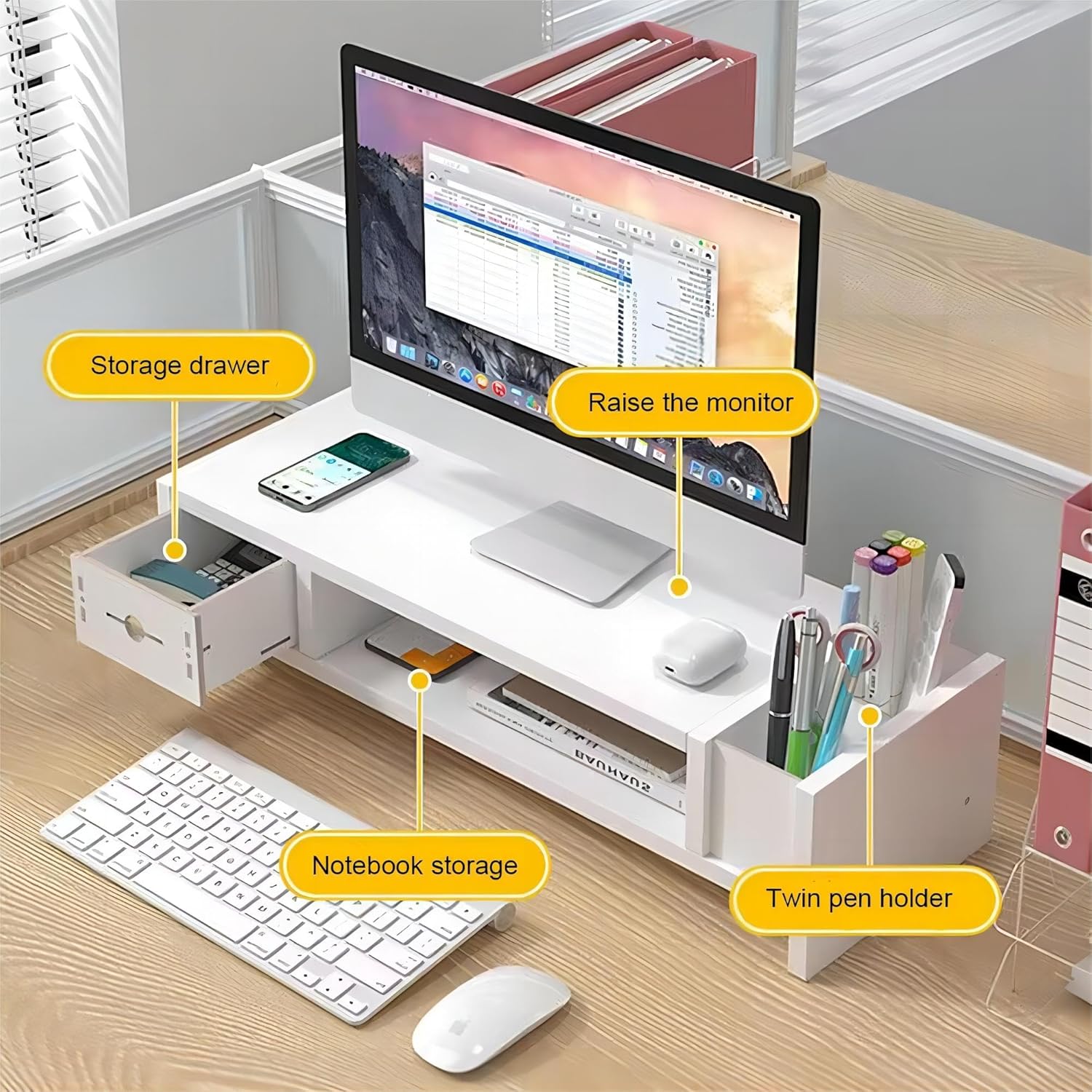 Monitor Stand, 2 Tier Computer Monitor Riser with Drawer and Pen Holder, Ergonomic Laptop Stand, Desktop Shelf for Laptop, TV Screen, PC Monitor (White)