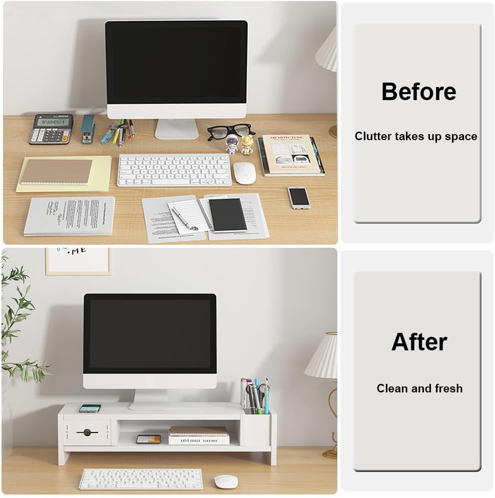 Monitor Stand, 2 Tier Computer Monitor Riser with Drawer and Pen Holder, Ergonomic Laptop Stand, Desktop Shelf for Laptop, TV Screen, PC Monitor (White)