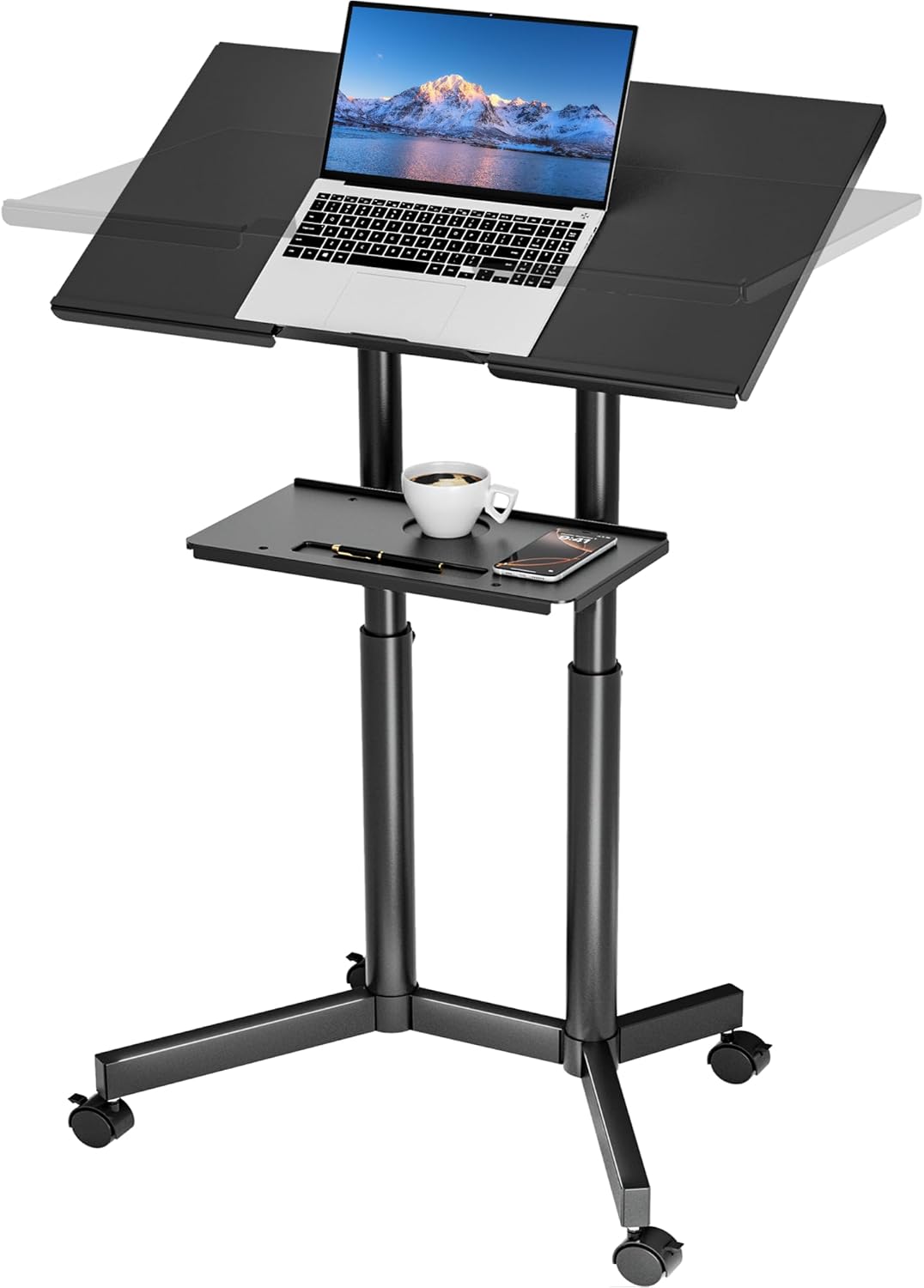 BONTEC Lecterns & Podiums, Mobile Standing Laptop Desk with Storage Tray, Height Adjustable Sit Stand Desk, Rolling Teacher Station for Classroom Office, Portable Laptop Cart and C thumbnail 1