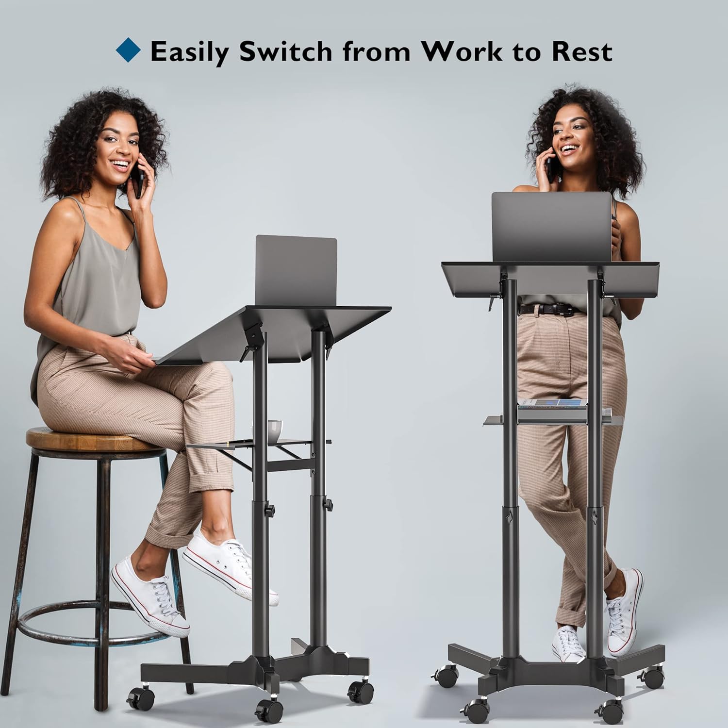 BONTEC Lecterns & Podiums, Mobile Standing Laptop Desk with Storage Tray, Height Adjustable Sit Stand Desk, Rolling Teacher Station for Classroom Office, Portable Laptop Cart and C thumbnail 2