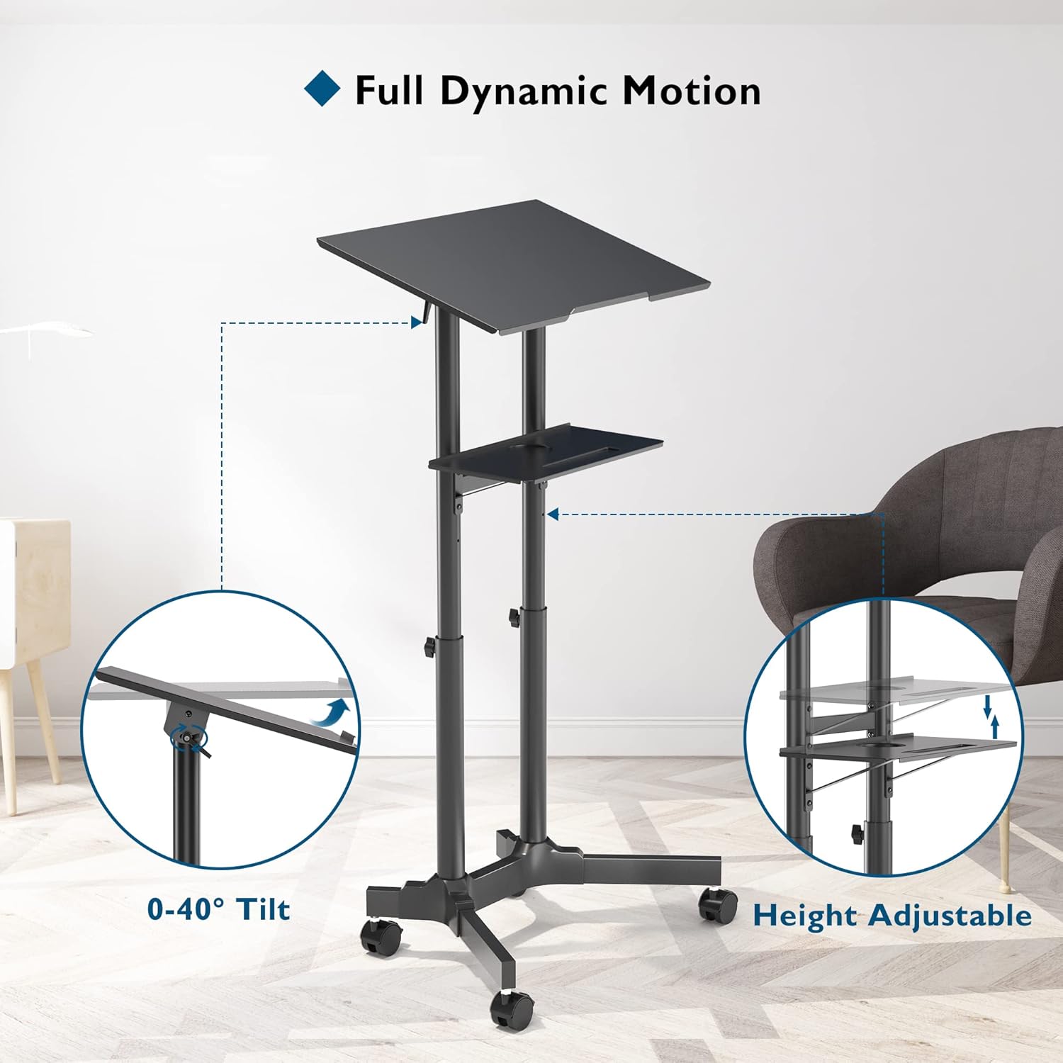 BONTEC Lecterns & Podiums, Mobile Standing Laptop Desk with Storage Tray, Height Adjustable Sit Stand Desk, Rolling Teacher Station for Classroom Office, Portable Laptop Cart and C thumbnail 3