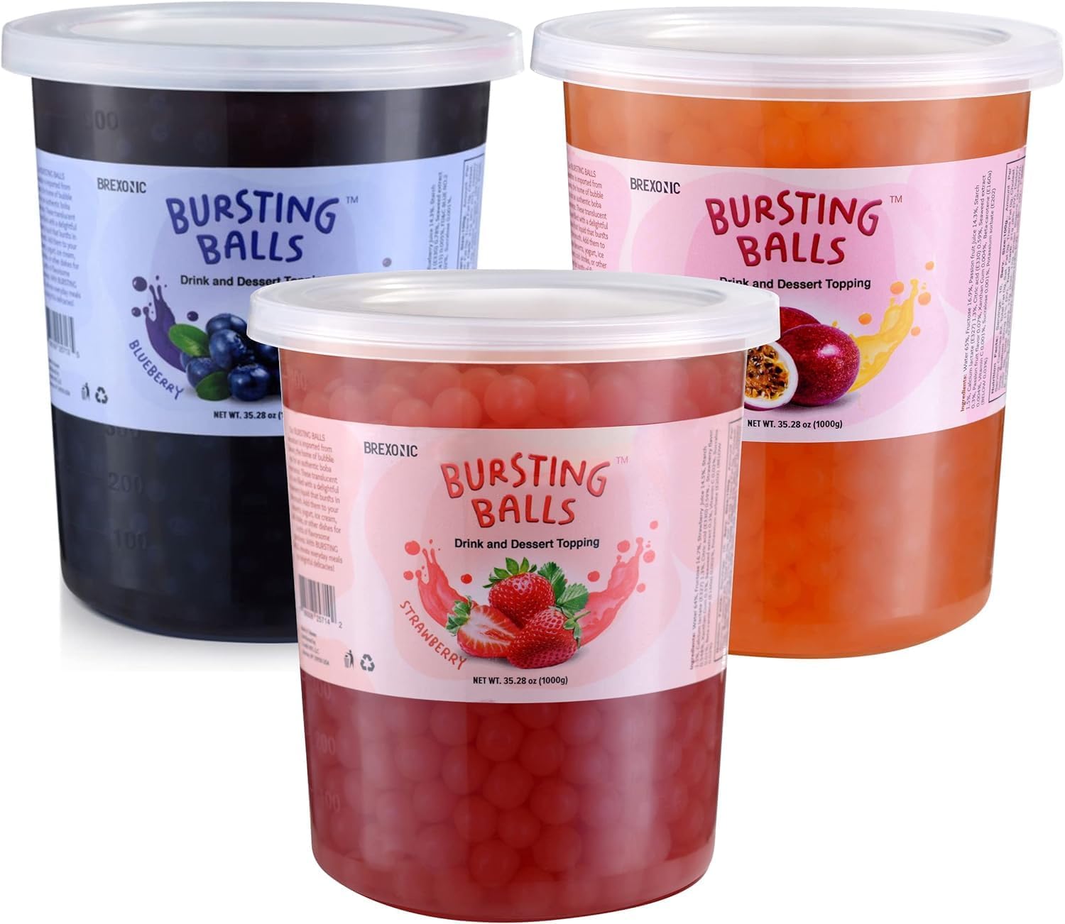 BREXONIC Popping Boba Pearls Bursting Tea Balls Drink & Dessert Topping Strawberry Mango Blueberry Passion Fruit Flavored Bubble Tea Tapioca Pearls (Strawberry, Passion Fruit, Blue