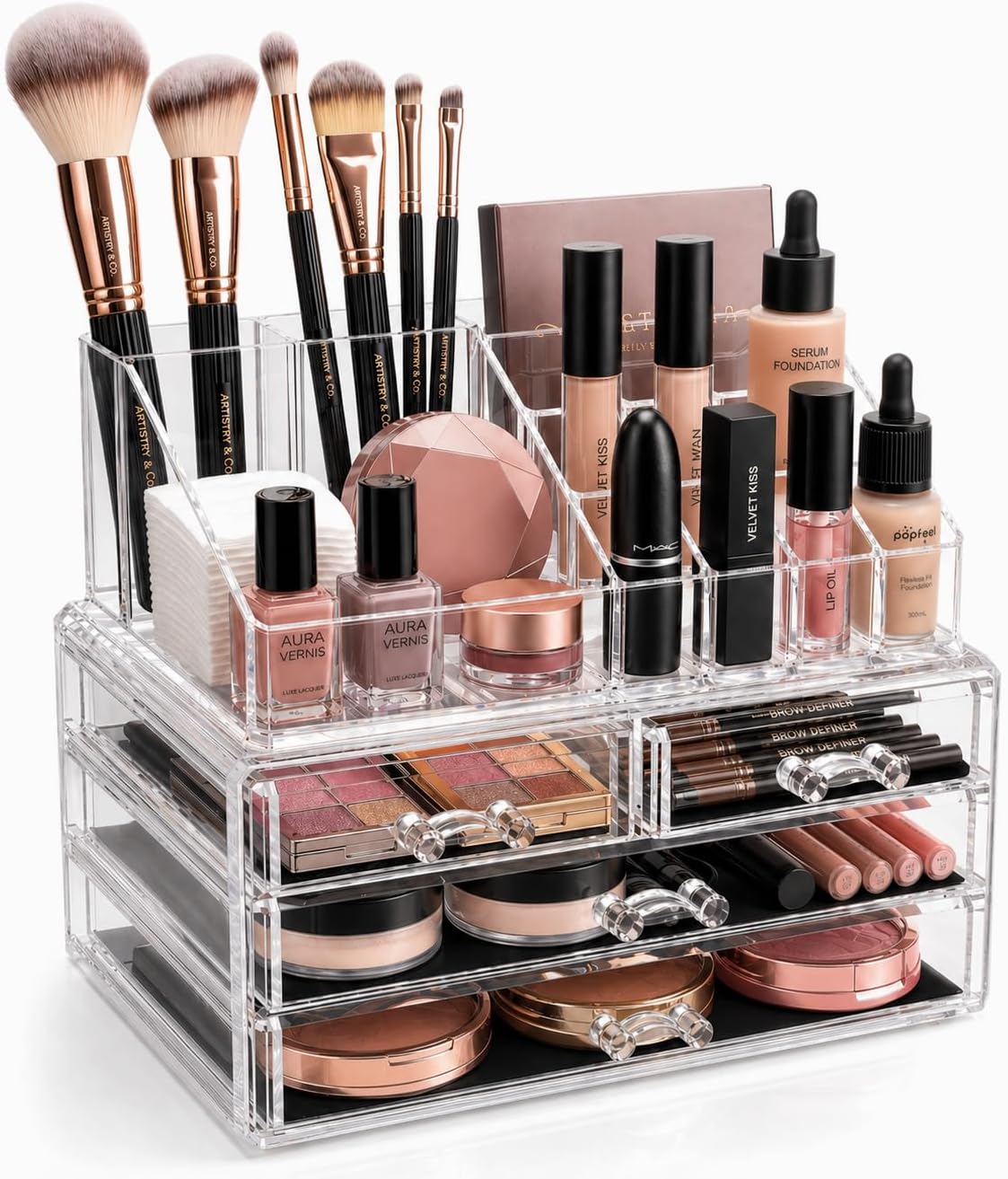 Brookstone Makeup Organizer Case – Countertop Storage With Drawers, Acrylic Cosmetic Display Box, Vanity Desk Organizer For Accessories