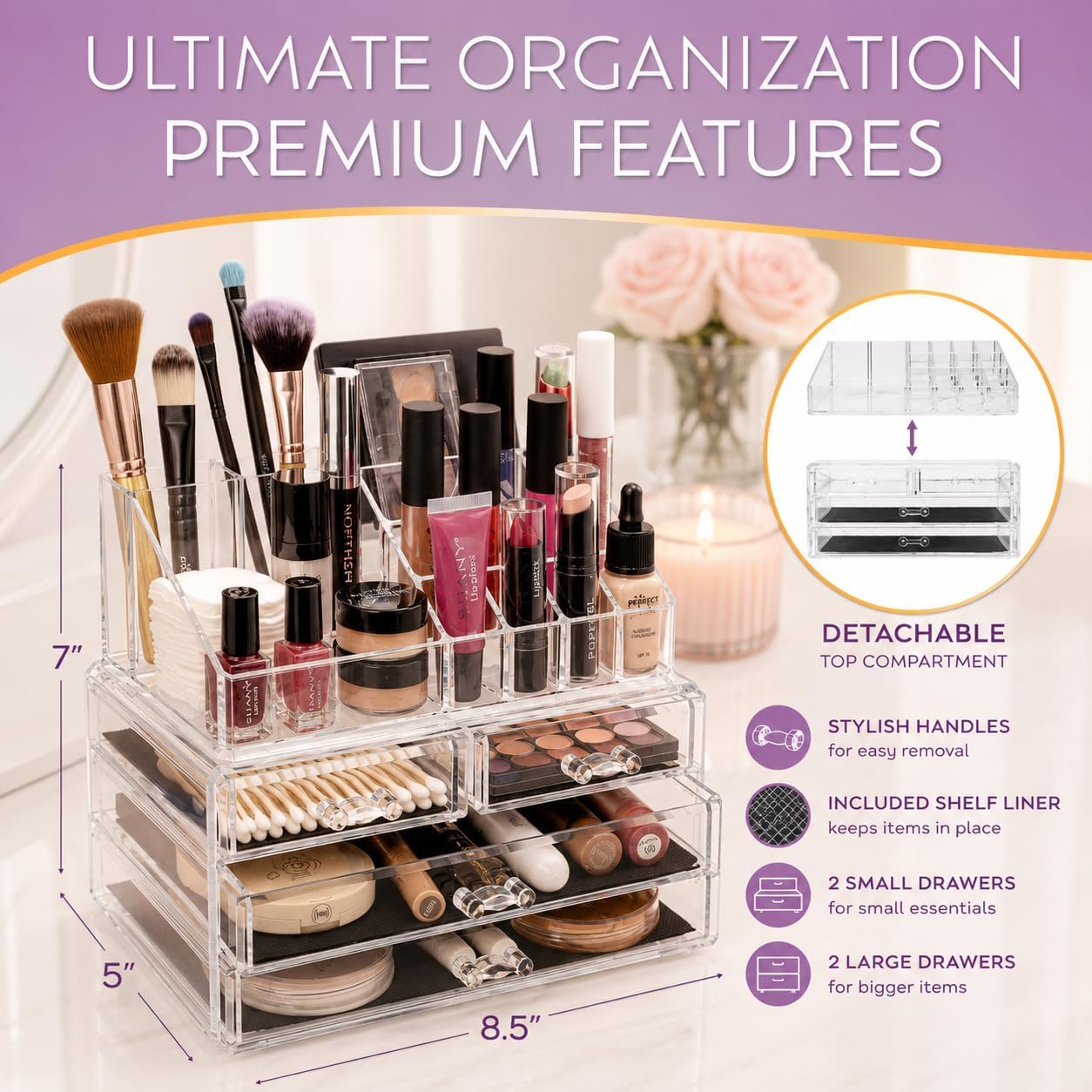 Brookstone Makeup Organizer Case – Countertop Storage With Drawers, Acrylic Cosmetic Display Box, Vanity Desk Organizer For Accessories