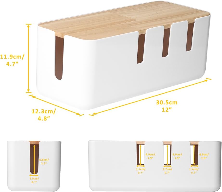 Cable Management Box by Baskiss, 12"x5"x4.5", Wood Lid, Cord Organizer for Desk TV Computer USB Hub System to Cover and Hide & Power Strips & Cords