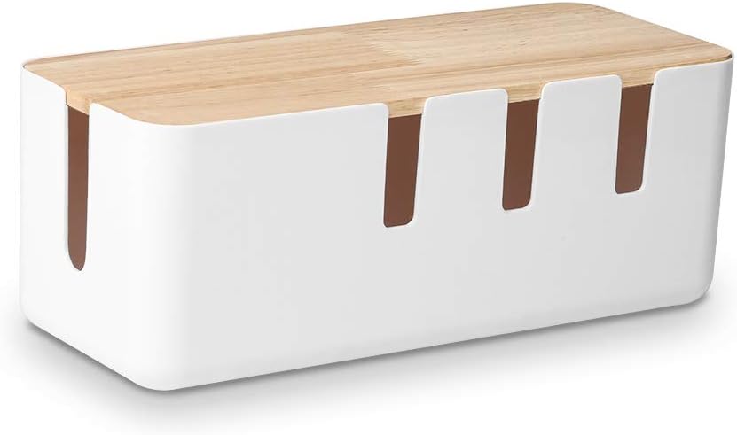 Cable Management Box by Baskiss, 12"x5"x4.5", Wood Lid, Cord Organizer for Desk TV Computer USB Hub System to Cover and Hide & Power Strips & Cords