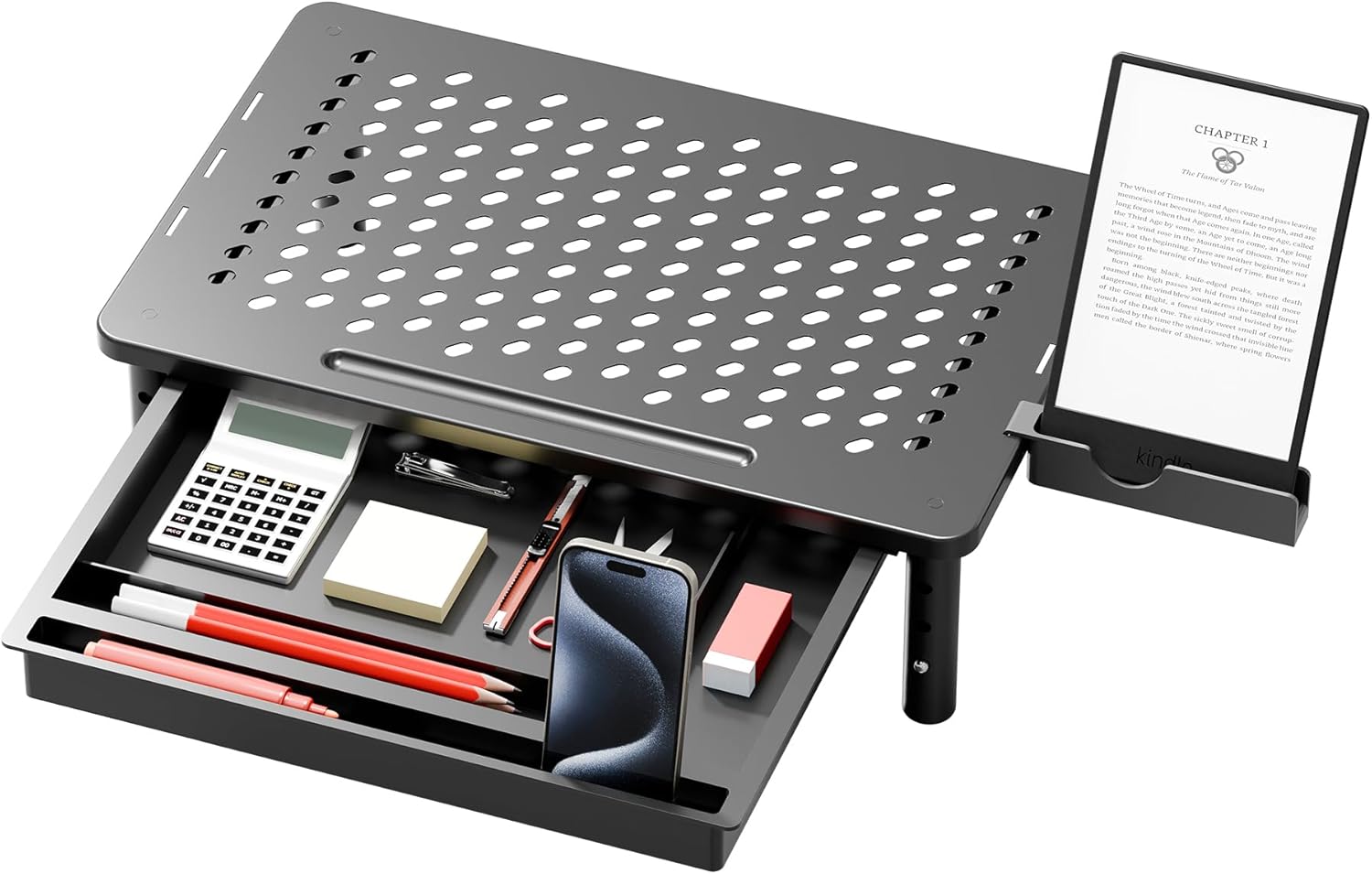 Computer Monitor Stand Riser with Storage, 3 Height Adjustable Laptop Desktop Monitor Stand with Drawer, Metal Short Printer Table, Stand Riser for Desk, Office Desk Organizers and