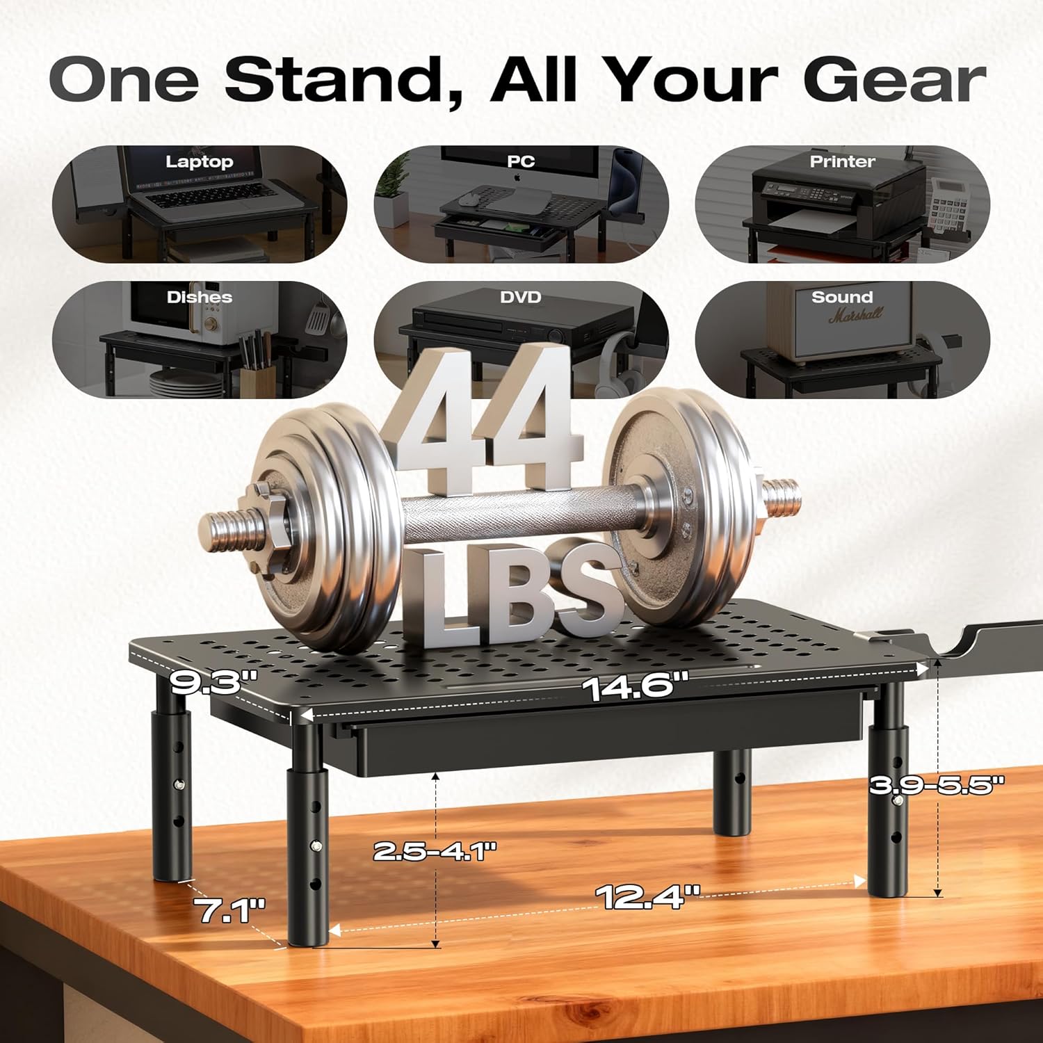 Computer Monitor Stand Riser with Storage, 3 Height Adjustable Laptop Desktop Monitor Stand with Drawer, Metal Short Printer Table, Stand Riser for Desk, Office Desk Organizers and