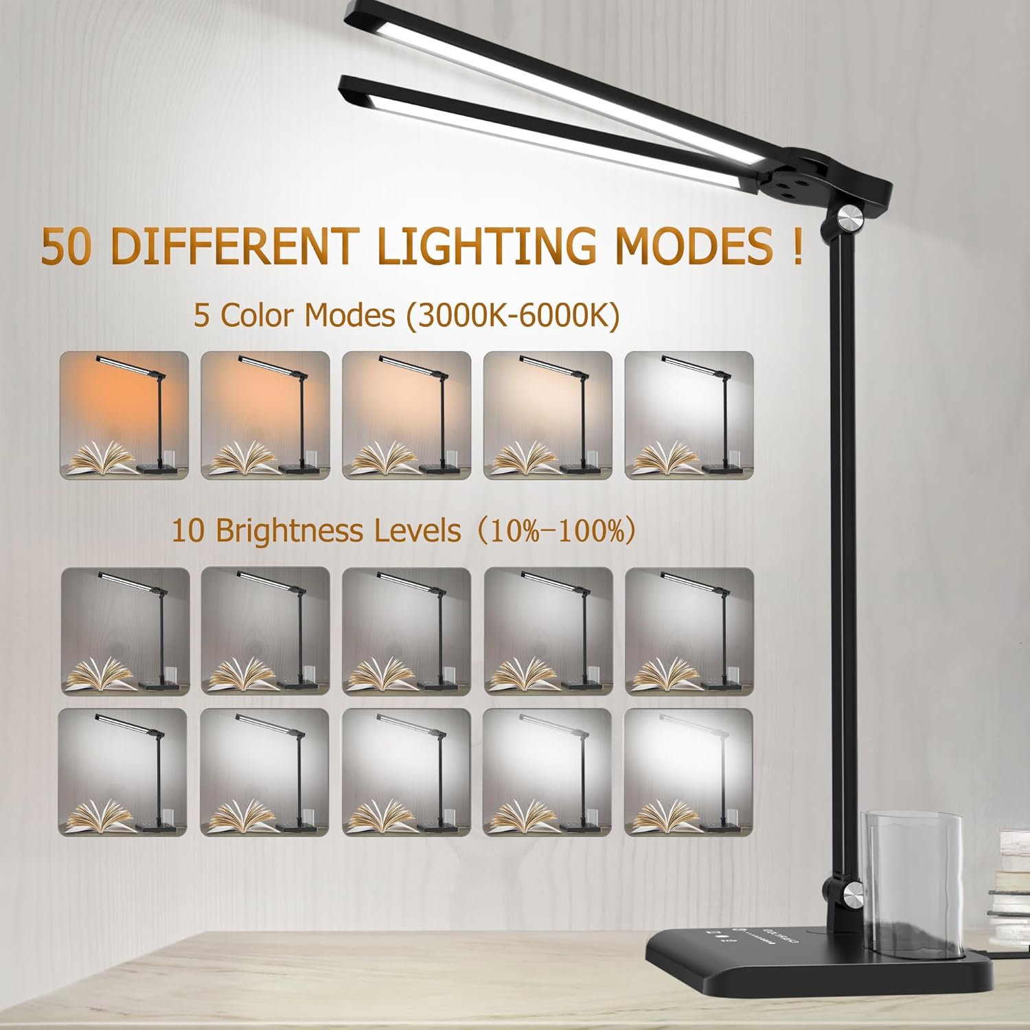 CHARYJOD Dimmable LED Desk Lamp with USB Charging Port, 50 Lighting Modes Dual Swing Arm Architect Table Lamp Light Desk Lamp for Home Office Dorm Piano Nail