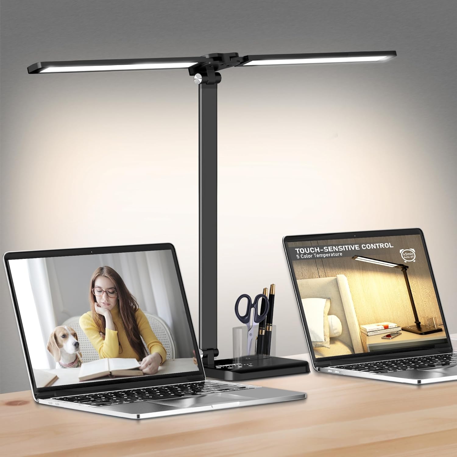 CHARYJOD Dimmable LED Desk Lamp with USB Charging Port, 50 Lighting Modes Dual Swing Arm Architect Table Lamp Light Desk Lamp for Home Office Dorm Piano Nail