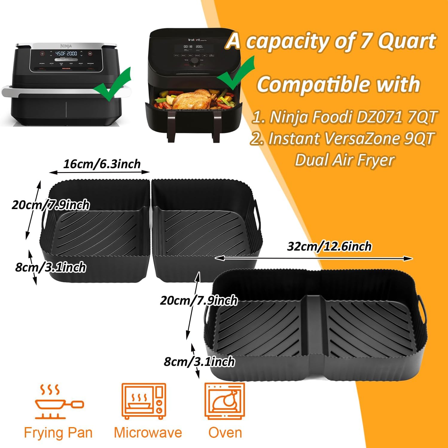 Air Fryer Silicone Liner for Ninja Foodi DZ071 7-QT/Instant Vortex 9 Qt, 3PCS Reusable Silicone Air Fryer Liner Accessories for 7-QT/11-QT Dualzone Airfryer (3.5QT+7QT)