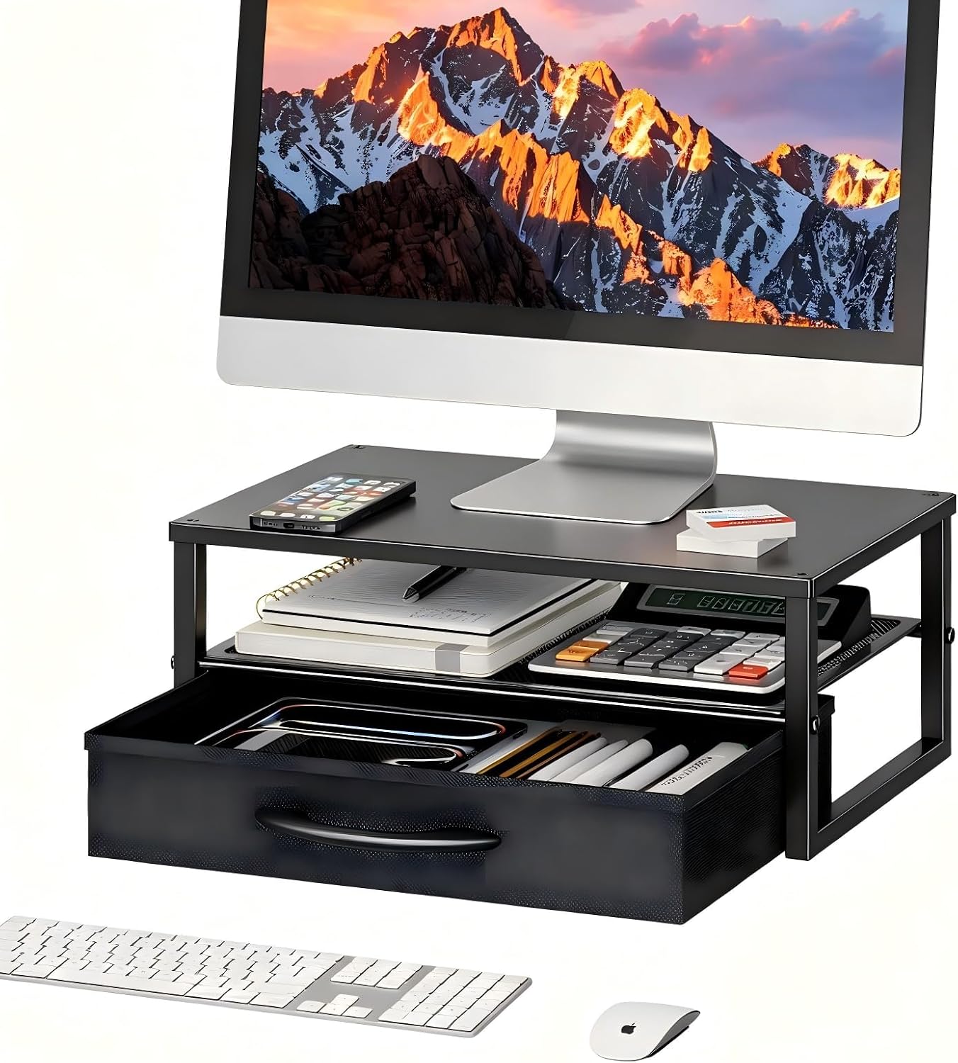 Ekisemio Metal Monitor Stand Riser with Fabric Drawer, 2-Tier Computer Desk Organizer for Laptop, Computer, iMac, Black | Fabric Drawer, 2-Tier Design, Desk Organizer, Metal Constr thumbnail 1