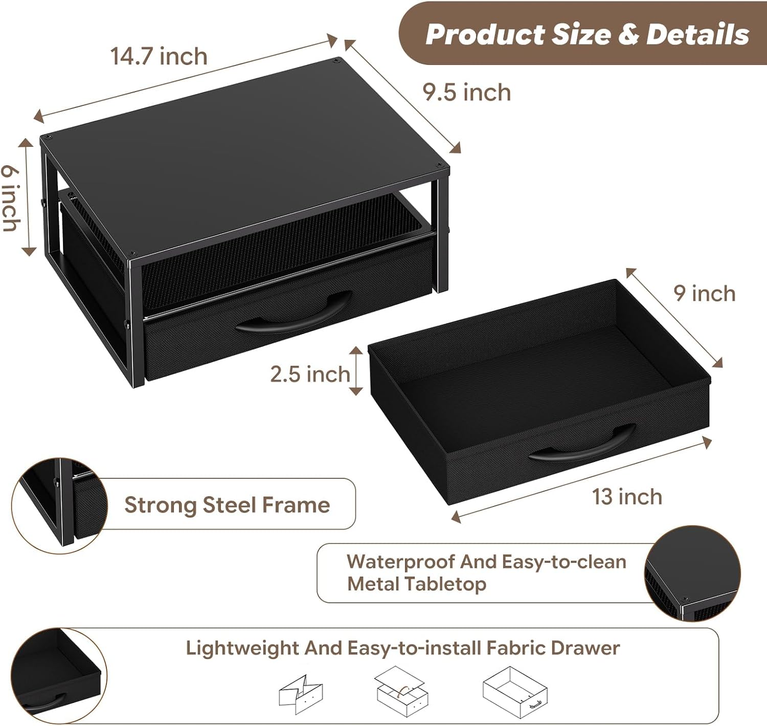 Ekisemio Metal Monitor Stand Riser with Fabric Drawer, 2-Tier Computer Desk Organizer for Laptop, Computer, iMac, Black | Fabric Drawer, 2-Tier Design, Desk Organizer, Metal Constr thumbnail 2