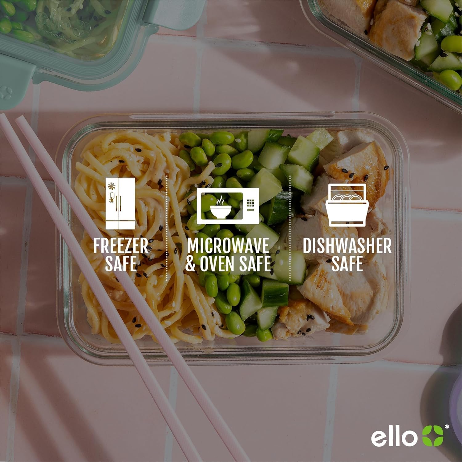 Ello Color Lock 2 Cup 6PC, 3 Pack Glass Meal Prep Sets Leak-Proof Glass Food Storage Containers with Airtight BPA-Free Plastic Lids, Dishwasher, Microwave, and Freezer Safe, Desert thumbnail 5