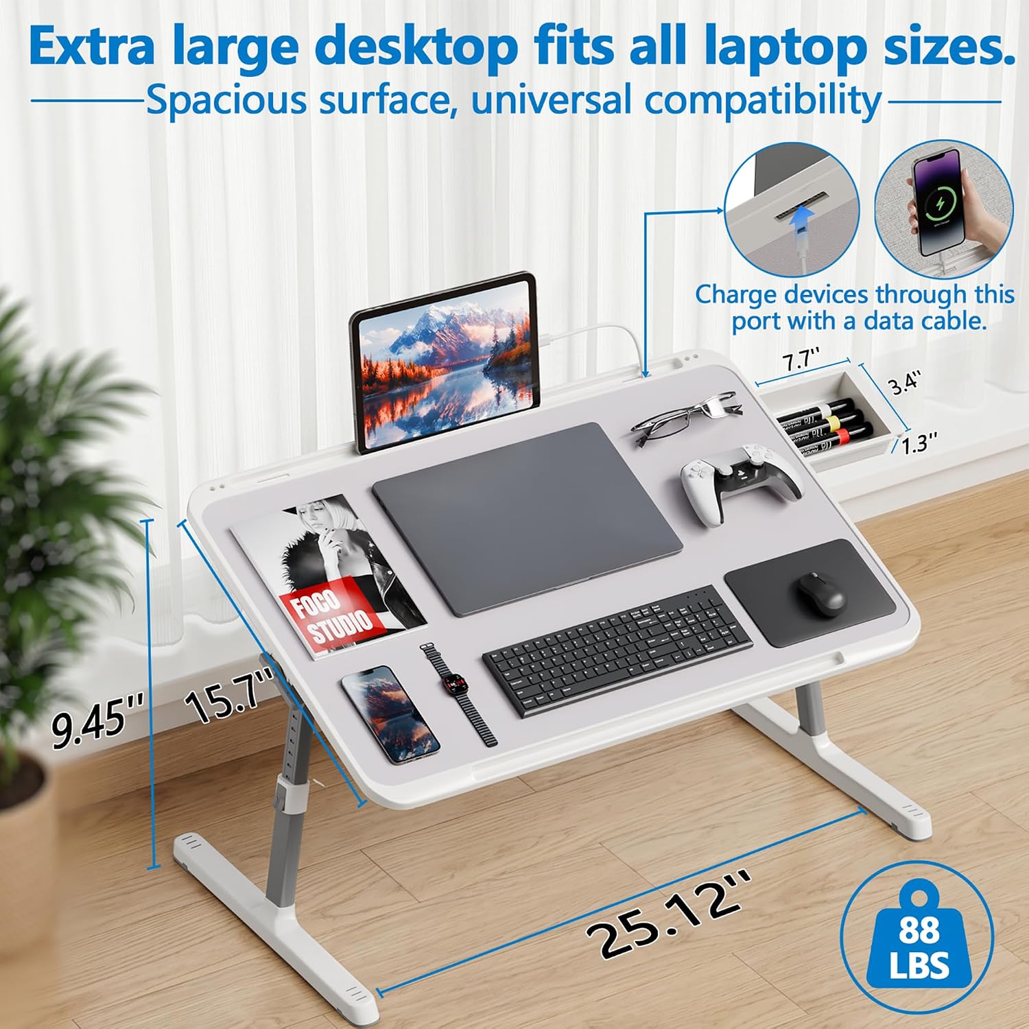 Adjustable Laptop Lap Desk, EVETTO X-Large Foldable Bed Table Tray thumbnail 2