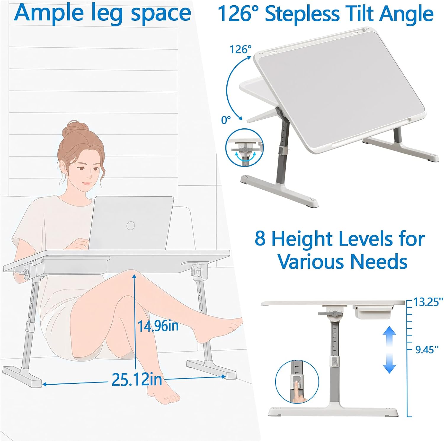 Adjustable Laptop Lap Desk, EVETTO X-Large Foldable Bed Table Tray thumbnail 3