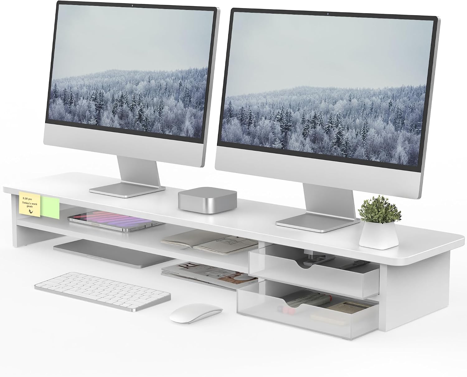 FENGE Dual Monitor Stand,42.5inch with 2 Drawers Desktop Organizer,White thumbnail 1