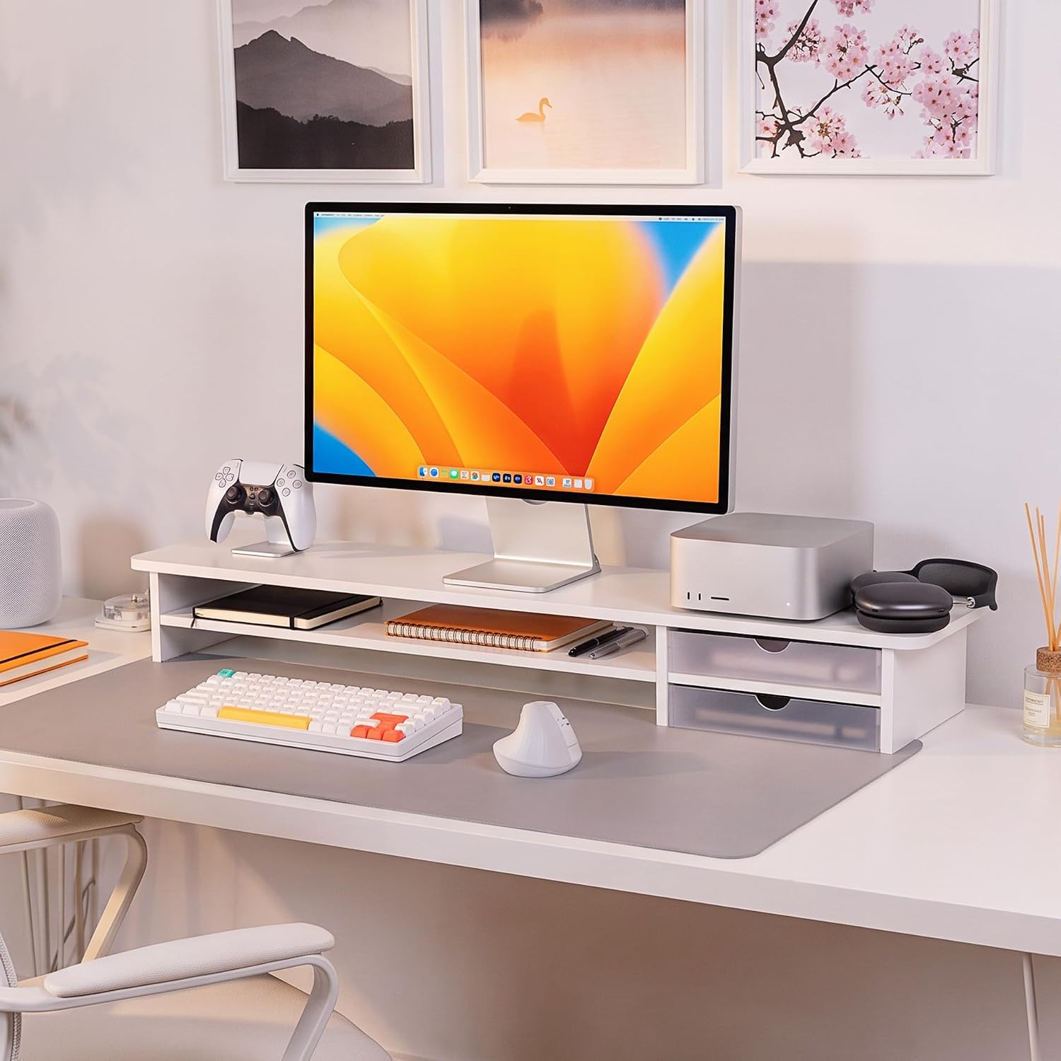 FENGE Dual Monitor Stand,42.5inch with 2 Drawers Desktop Organizer,White thumbnail 2