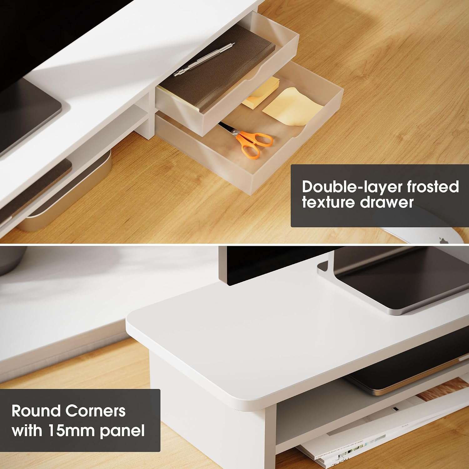 FENGE Dual Monitor Stand,42.5inch with 2 Drawers Desktop Organizer,White thumbnail 3