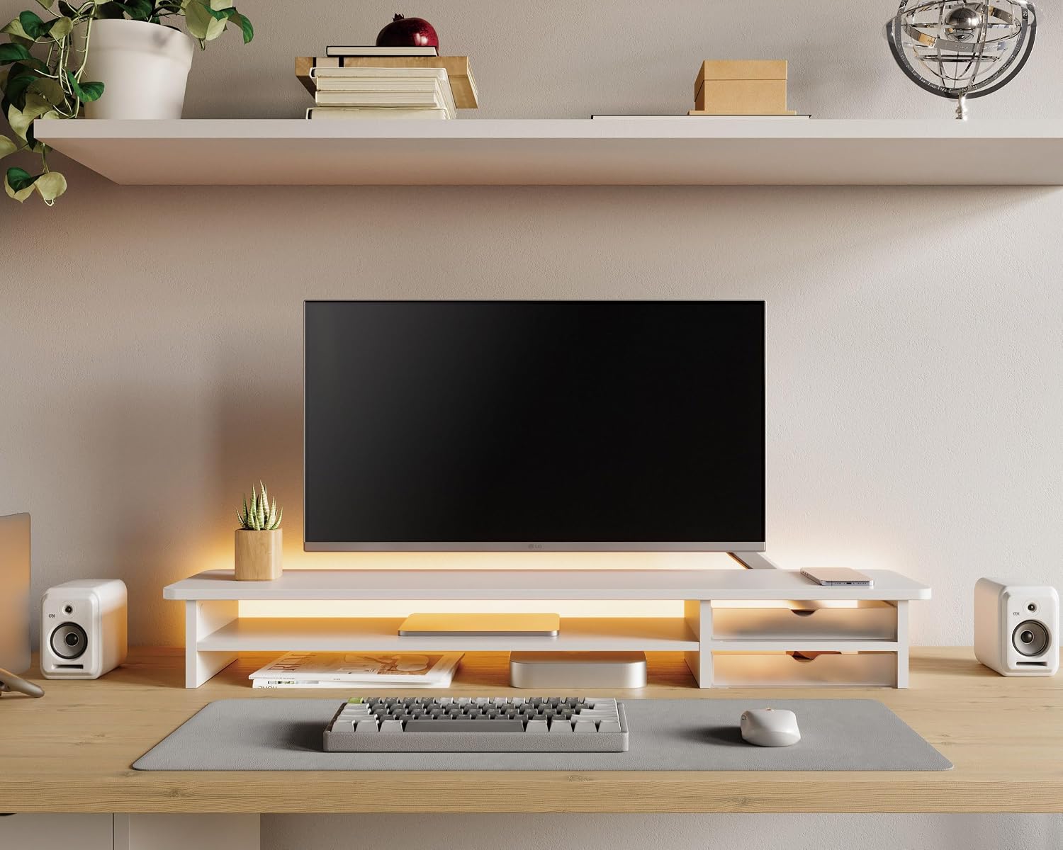FENGE Dual Monitor Stand,42.5inch with 2 Drawers Desktop Organizer,White thumbnail 4