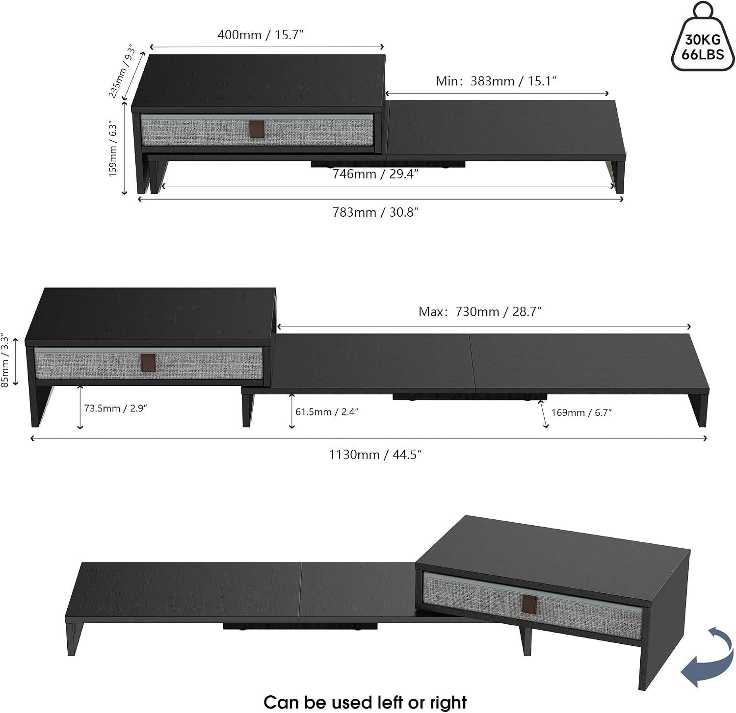 FENGE Dual Monitor Stand with Drawer,Adjustable Length and Angle,Black thumbnail 4