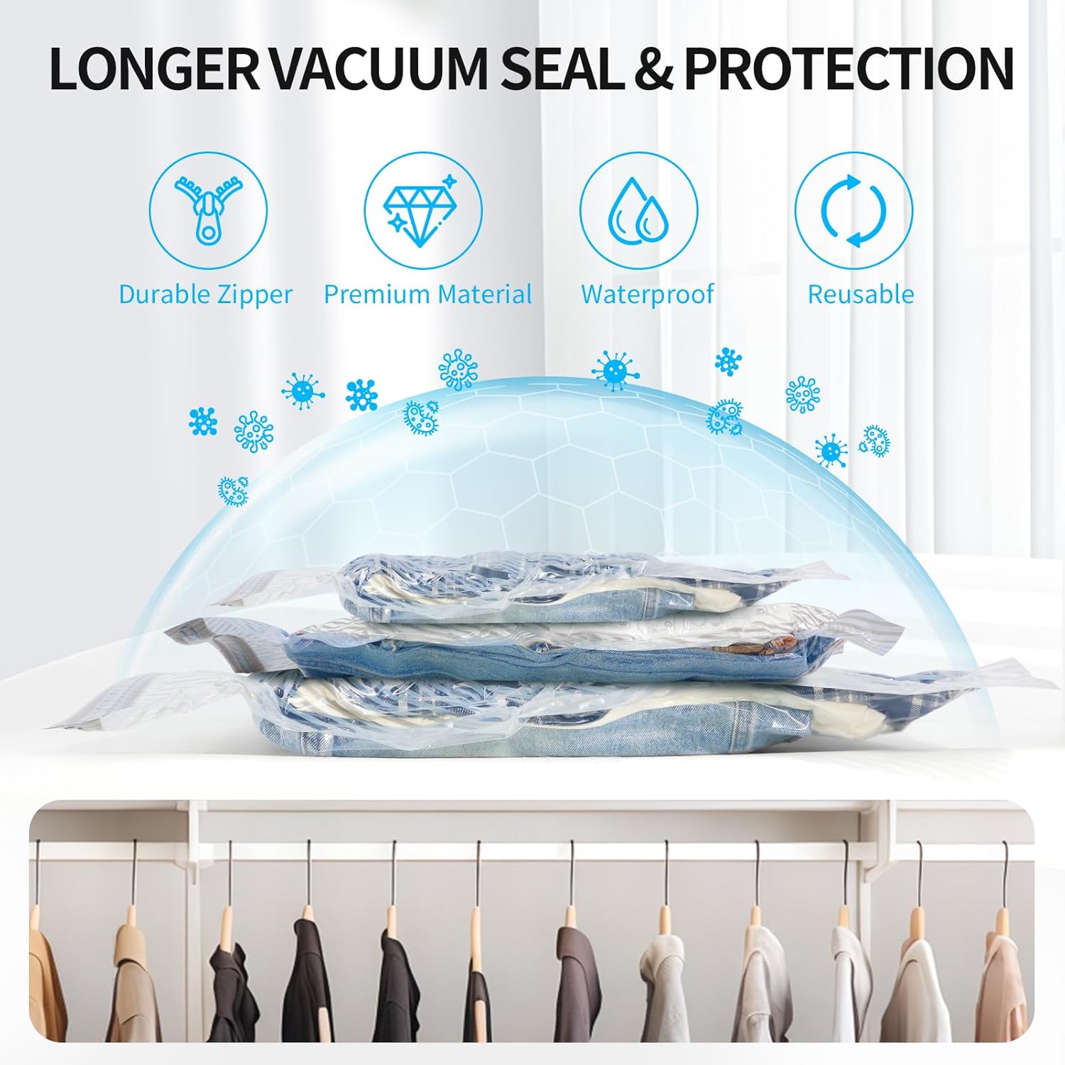 12 Pack Vacuum Seal Bags for Clothing with Electric Air Pump, Compression Space Saver, Vacuum Storage Bags for Luggage, Travel, Blankets, Pillows, Bedding and Moving, Hand Pump Inc