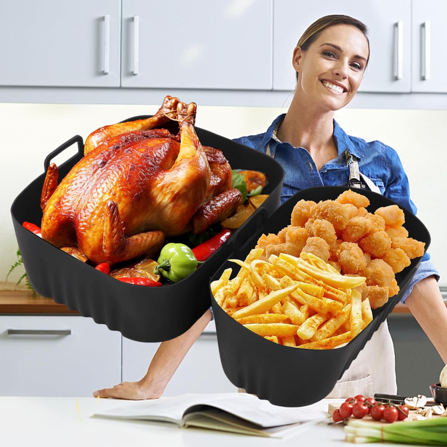2 Pack Silicone Air Fryer Liners Square - Reusable Airfryer Basket - Easy to Clean Air Fryers Pot for Philips Dual Basket Air Fryer 3000 Series 6L/3L thumbnail 2