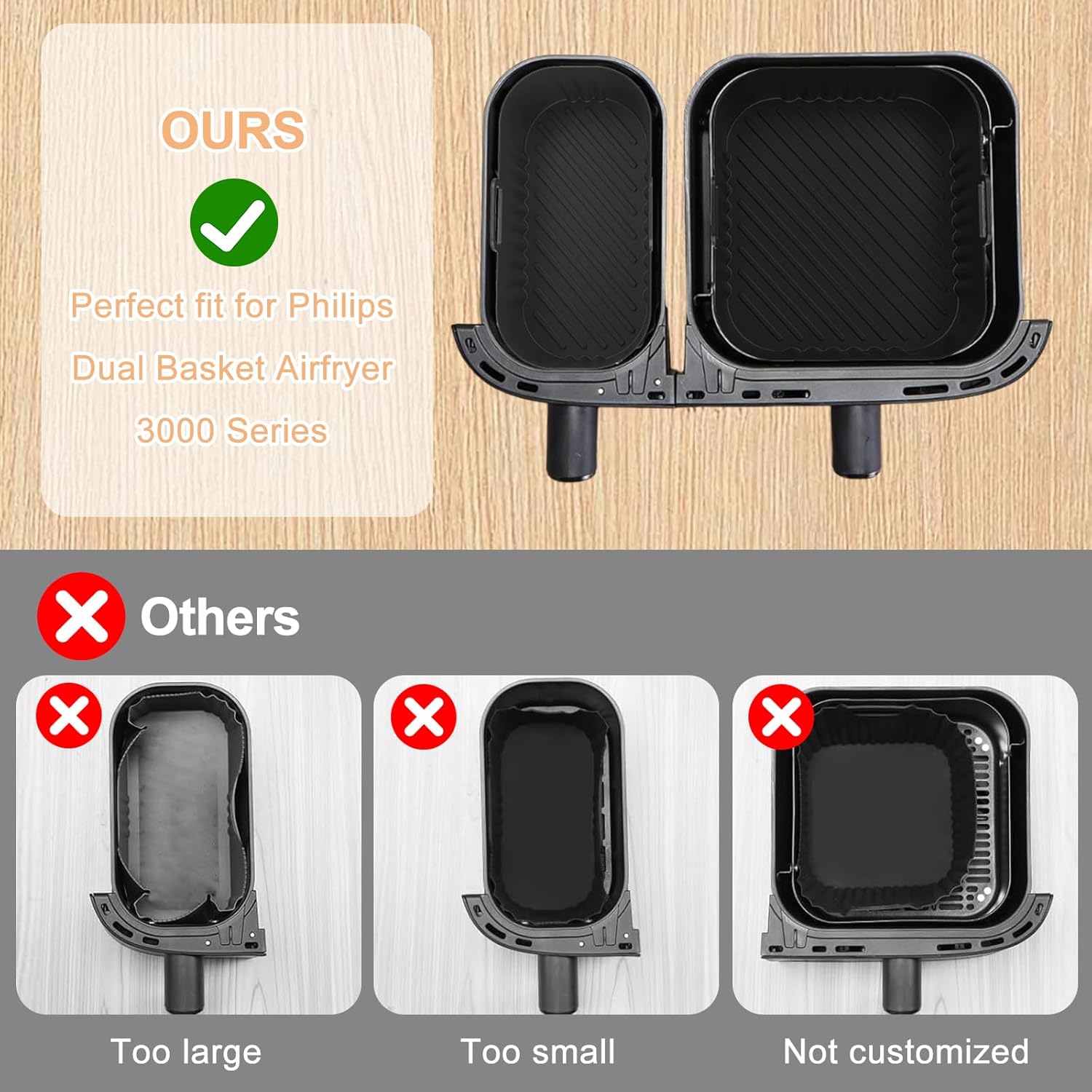 2 Pack Silicone Air Fryer Liners Square - Reusable Airfryer Basket - Easy to Clean Air Fryers Pot for Philips Dual Basket Air Fryer 3000 Series 6L/3L thumbnail 5